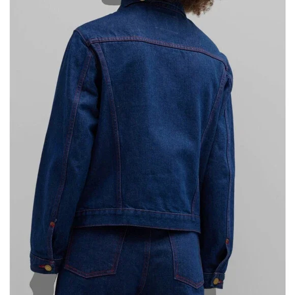 $346 B Sides Women's Blue Cecil Pleated Topstitched Denim Jean Jacket Size S - Picture 2 of 3